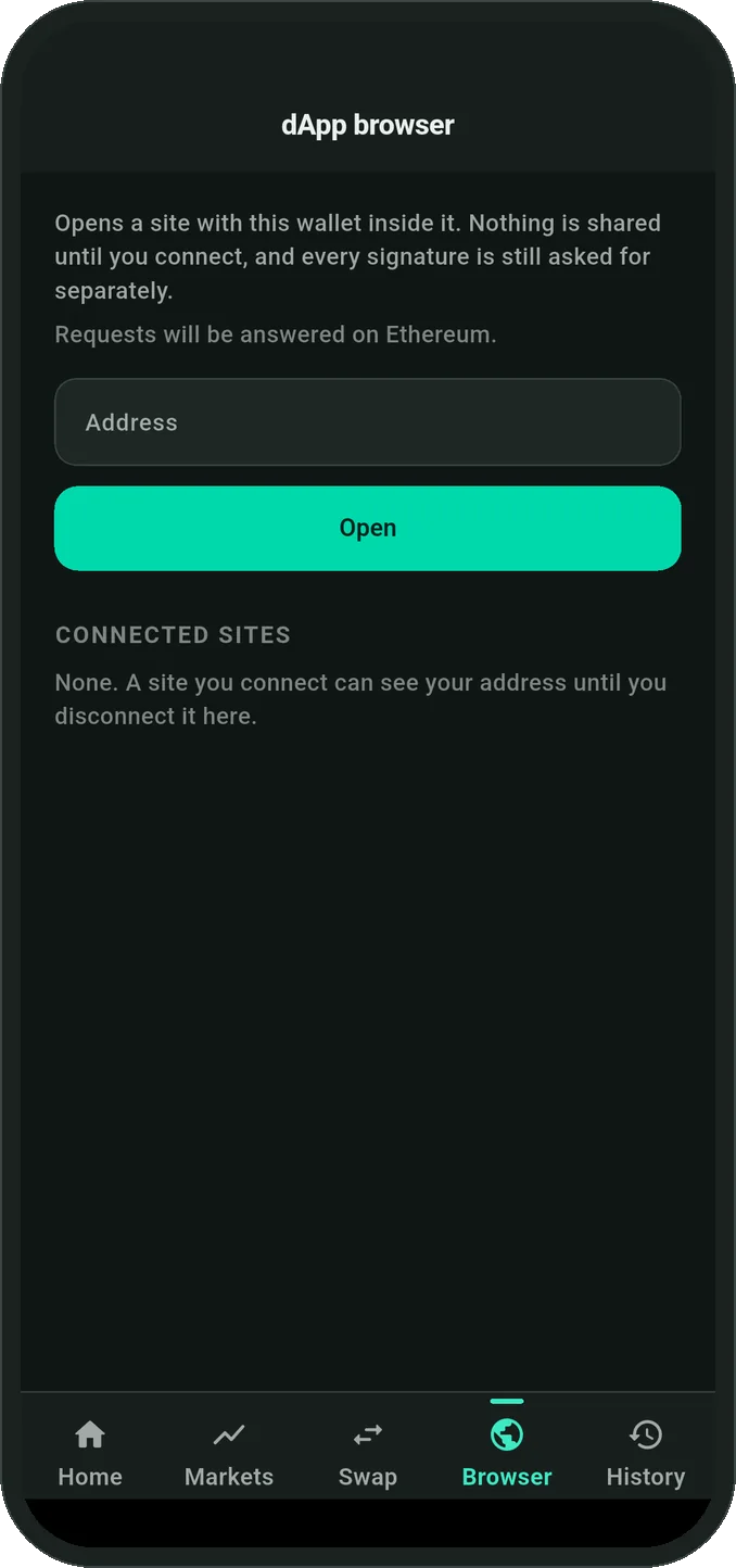 Smartable dApp browser with connection and permission prompts