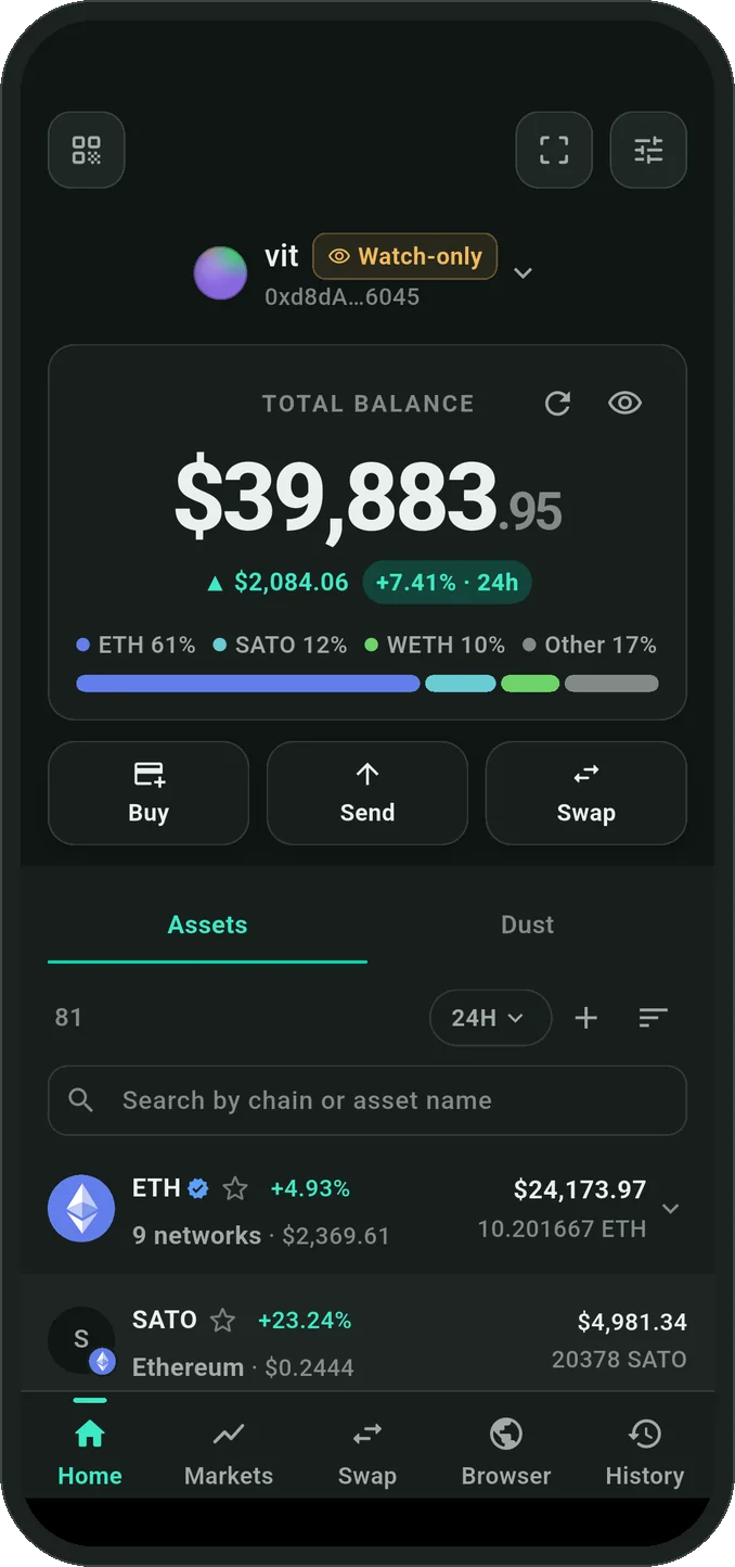 Smartable Wallet — total balance across every network, one row per asset