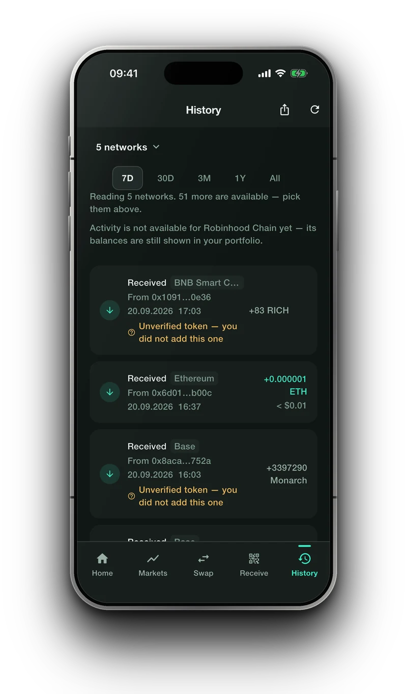 Smartable on an iPhone, showing the history screen marking unverified tokens and a network whose activity is unavailable