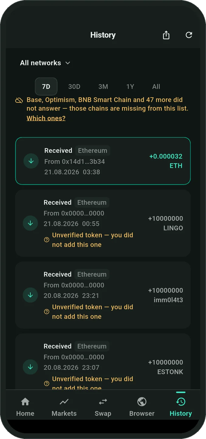 Smartable history screen flagging an unverified token and unanswered contracts