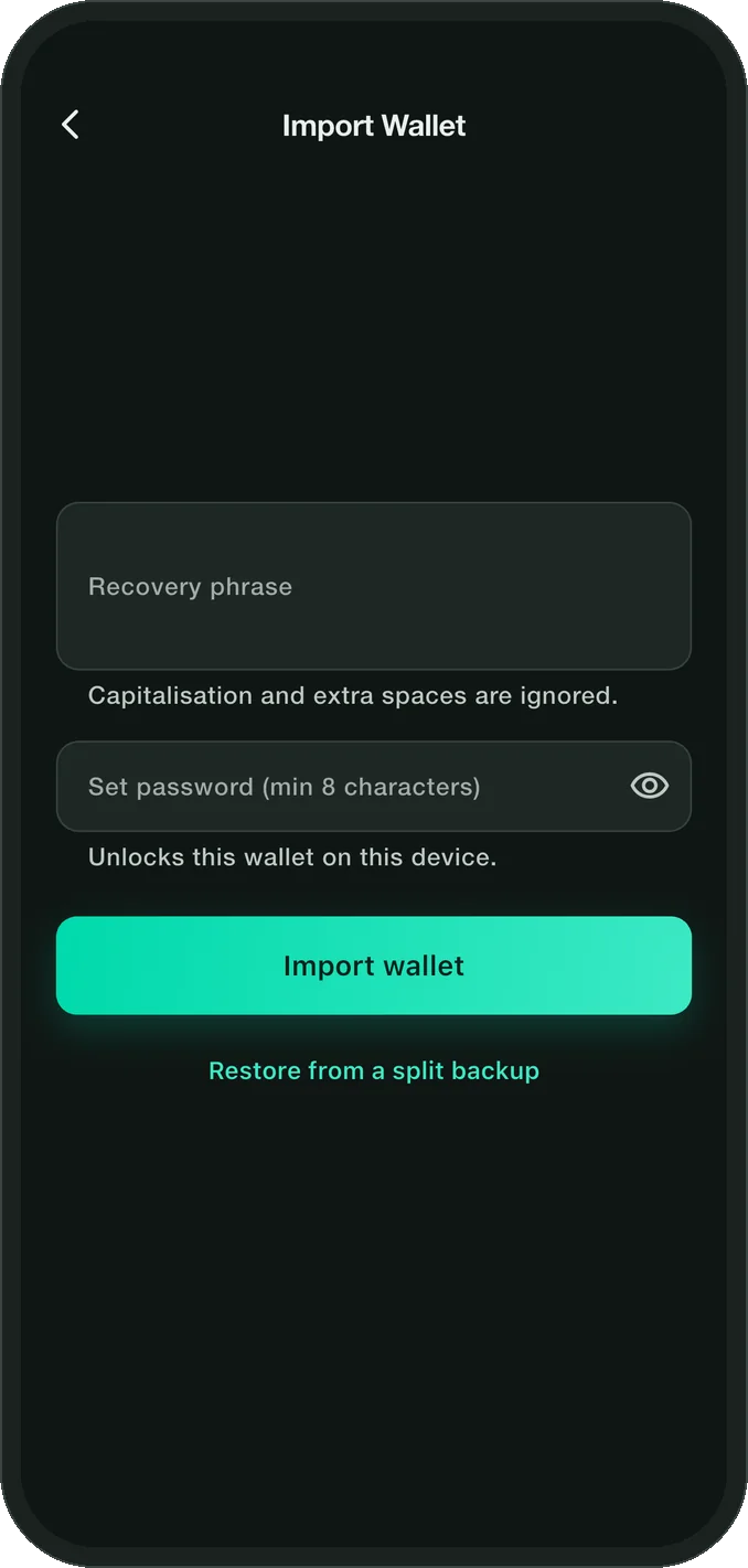 Smartable import screen with the option to restore from a split backup