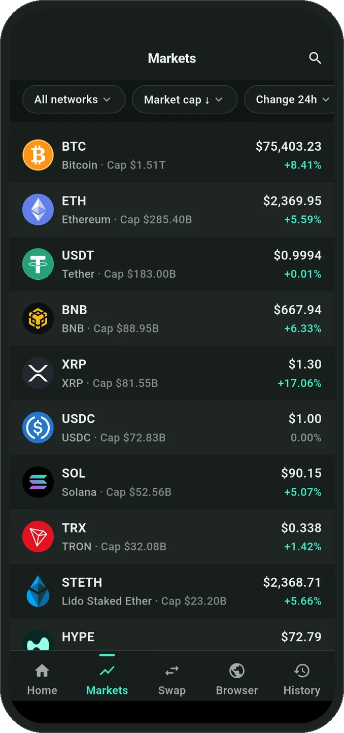 Smartable markets screen with prices and 24h change