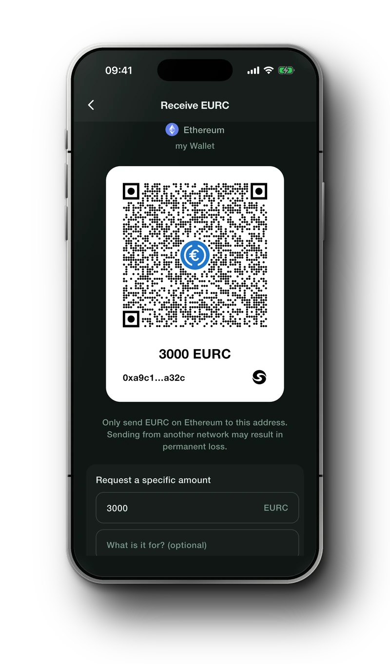 Smartable บน iPhone แสดงคำขอชำระเงิน 3000 EURC บน Ethereum พร้อมคิวอาร์โค้ดและช่องจำนวน
