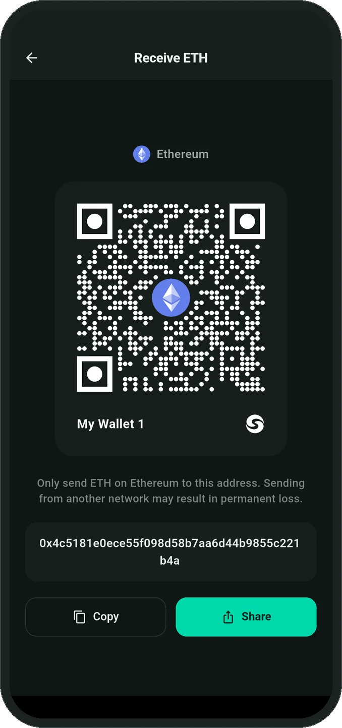 Smartable receive screen with per-asset per-chain rows and QR code