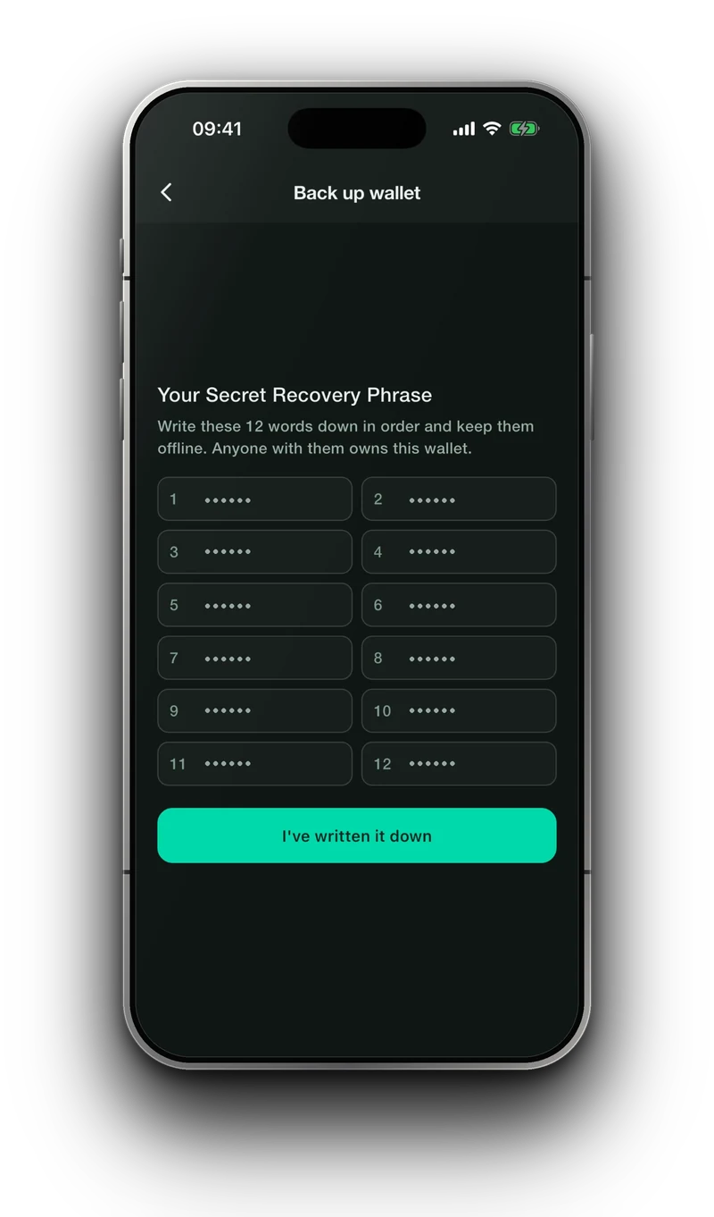 iPhone の Smartable：リカバリーフレーズの画面。番号つきの 12 の欄があり、この画像では単語を伏せている