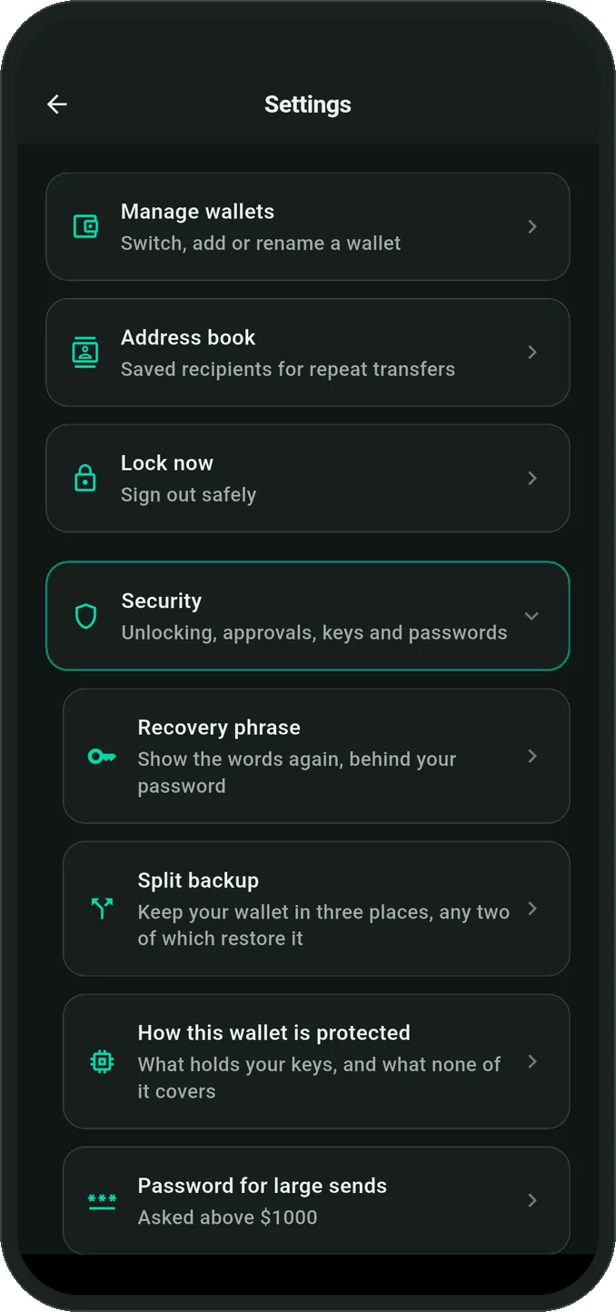 Smartable backup settings screen